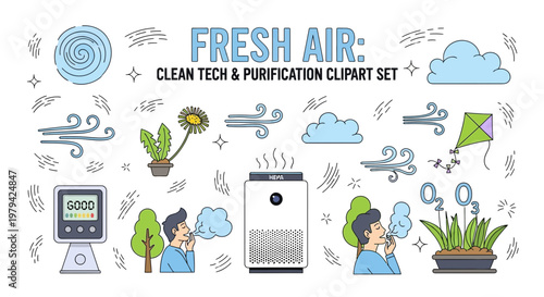 A collection of stylized lineart clipart icons themed around clean air featuring people plants and purification technology
