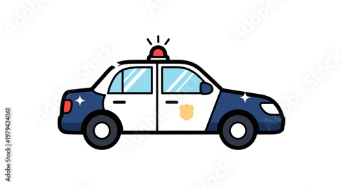 Police patrol car vector illustration, blue and white law enforcement vehicle with emergency siren and badge