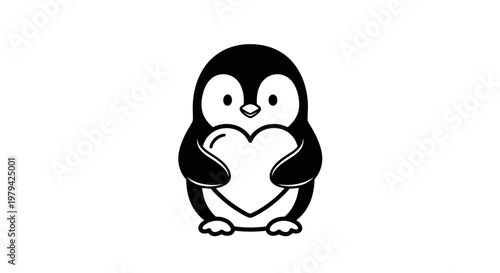 Cute Cartoon Penguin Holding a Heart Icon, Black and White Vector Illustration for Valentine's Day