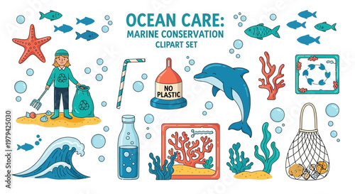 A collection of vectorstyle illustrations depicting ocean conservation including marine life waste and cleaning tools