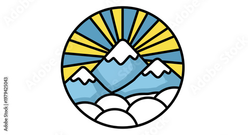 Vintage Mountain Badge Illustration with Sunbeams and Snow-Capped Peaks, Circular Retro Outdoor Adventure Emblem for Travel and Hiking Branding