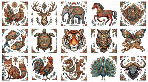 Set of 15 ornate folk art animal tiles featuring tiger, elephant, horse, peacock, owl, fox, rooster and more in vibrant ethnic decorative style on white background.