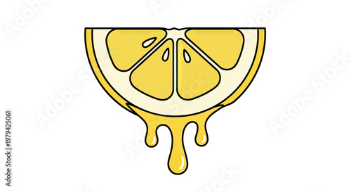 Stylized Vector Illustration of a Fresh Lemon Slice with Juice Dripping Isolated on White