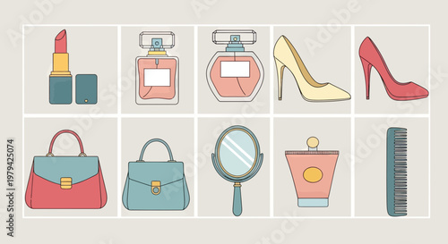 Collection of Fashion and Beauty Accessories Vector Icons Featuring Lipstick Perfume High Heels Handbags Mirror and Comb for Cosmetics Branding and Women's Lifestyle Design