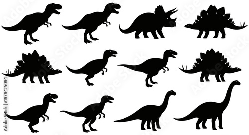 Set of Dinosaur Silhouettes Including T-Rex, Triceratops, Stegosaurus, and Brachiosaurus Isolated on White
