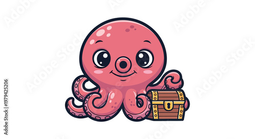 Cute pink cartoon octopus mascot holding a wooden treasure chest, isolated on white background vector illustration.