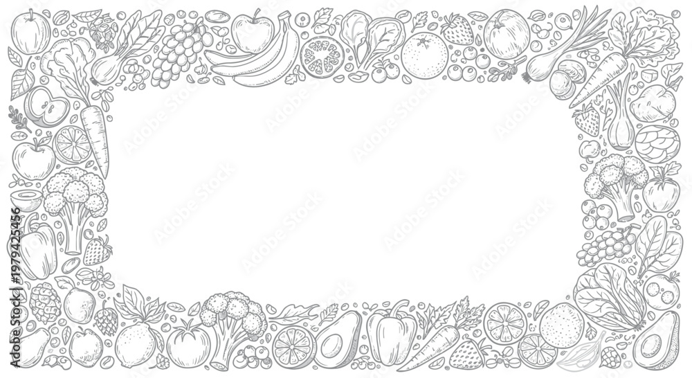 Obraz premium Hand Drawn Fruit and Vegetable Frame Border Sketch, Organic Food Illustration with Copy Space for Menu or Grocery Store