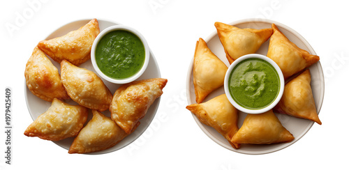 Fried Samosa with sauce on a white plate isolated