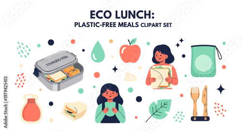 An illustrated set of ecofriendly lunch items featuring a stainless steel container reusable bag wooden cutlery and two people eating sandwiches