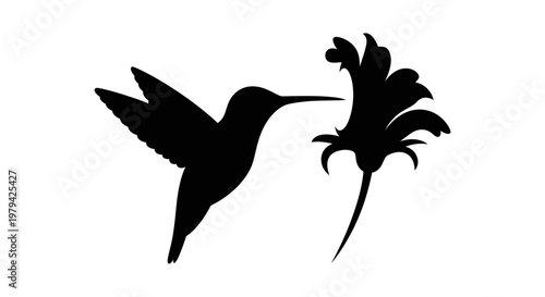 Black Silhouette of a Hummingbird Hovering and Feeding on a Flower, Minimalist Nature Vector Illustration