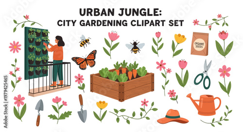 Collection of gardeningthemed vector illustrations featuring a gardener wooden planter plants insects tools and accessories