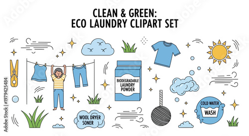 Ecothemed laundry clipart set with person clothing sun clouds cleaning supplies wind lines and grass icons on a white background