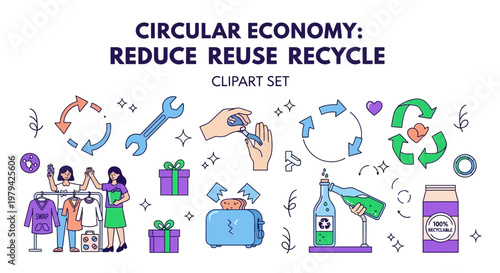 Illustration showing icons of clothing swaps tool repairs recycling symbols gift boxes a toaster and bottle refilling