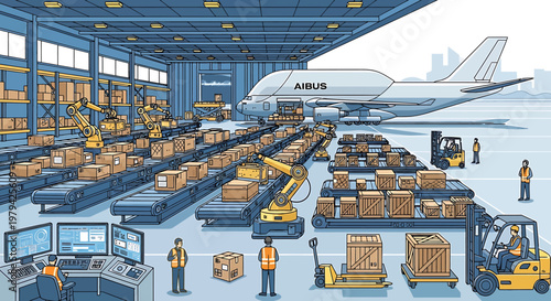 Airplane cargo loading in a modern warehouse facility with forklifts and conveyor belts.