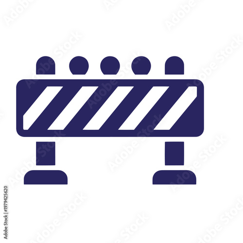 Blue roadblock sign with three people standing behind, white background, barrier construction warning