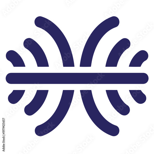 Dark blue abstract symbol, curved lines and horizontal bar on white background