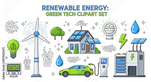 Renewable energy themed icons including wind turbines solar panels an electric vehicle a charger and circuit patterns