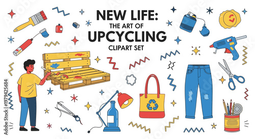 Upcyclingthemed clip art set featuring a person painting a wooden pallet surrounded by craft tools a tote pants and geometric shapes