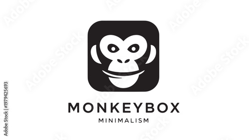 Monkey head icon with minimal face, whiskers and ears in a rounded black square for branding and app logos