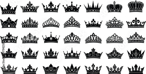 Royal crowns, tiaras, silhouette icons, luxury headpieces, monarchy symbols, regal design, ornamental vector, prestige, heritage, fashion, decorative illustration