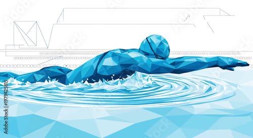 Athletic Swimmer Performing Butterfly Stroke in Blue Water.