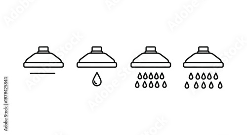 Linear vector illustration of shower heads displaying various levels of water flow for bathroom interior design