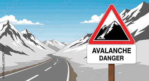Avalanche Danger Warning Sign on Snowy Mountain Road.