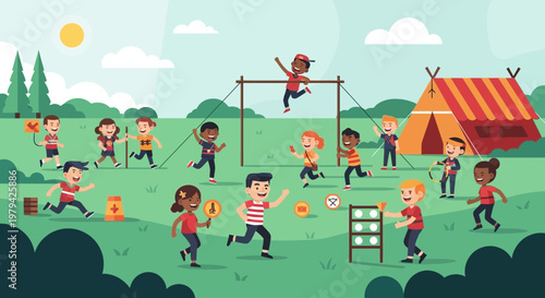 Kids playing outdoors, summer camp fun, children recreation, outdoor games