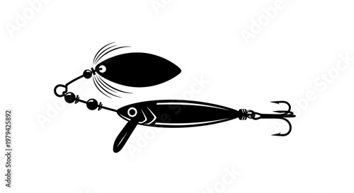 Black fishing lure with spinner and treble hook.