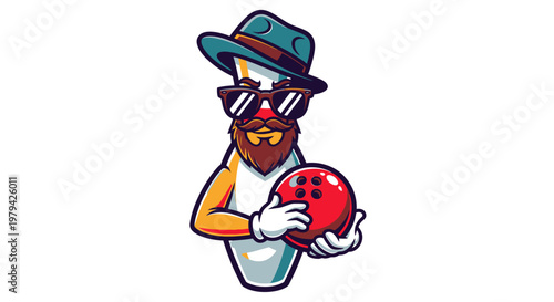 Bowling Pin Character Holding Red Bowling Ball Wearing Hat and Sunglasses.