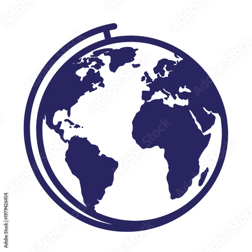 Dark blue globe with white background, continents in silhouette earth