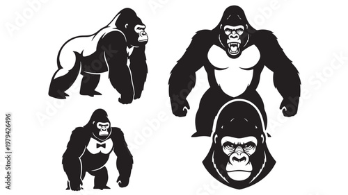 Gorilla character set with bold black silhouette style, roaring expression, and bow tie outfit in four poses