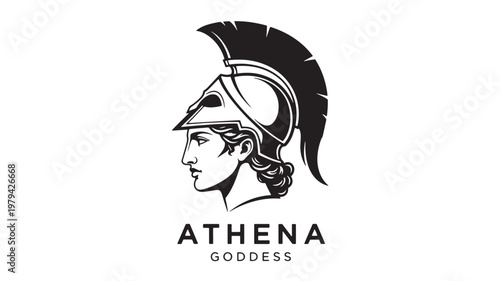 Athena goddess helmet logo with detailed black silhouette and white text ATHENA GODDESS featuring emblem, insignia, Greek mythology with ancient