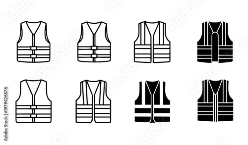 Life Jacket Icon Set. Safety Vest Line and Silhouette Vector Illustration