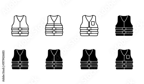 Life Vest Line Icon and Silhouette Set. Safety Jacket Vector Illustration Collection