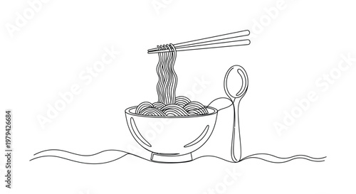 Simple vector illustration of a noodle bowl being lifted with wooden chopsticks and a spoon