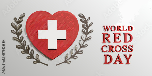 Red heart with a white cross and laurel wreath celebrating world red cross day