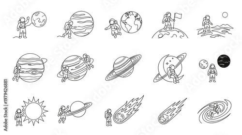 Hand drawn outline solar system and space object set with doodle sketch style. Collection features planets, astronaut, rocket, comet, meteor, asteroid, galaxy and cosmic elements.