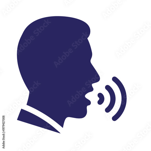Dark blue silhouette of a man speaking, with sound waves emanating from his mouth talking