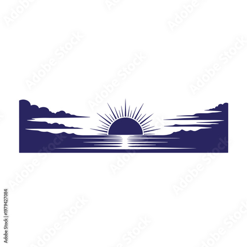 Dark blue silhouette of a sunrise over water, with clouds and sun rays sunset white