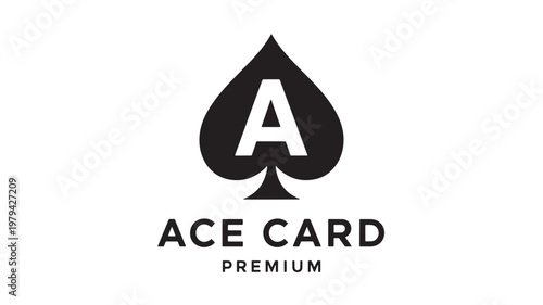 Ace card premium playing card logo with spade symbol for casino branding and poker typography featuring icon, mark, vector style with gambling and