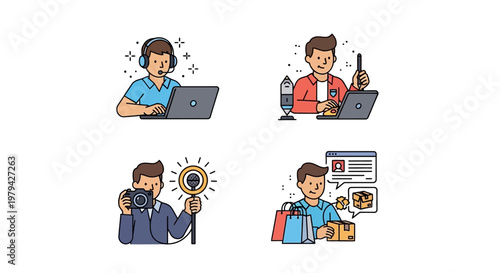 Men working on laptops and gadgets.