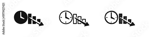 Time and Chart with Decreasing Arrow Icons, Productivity Loss Symbol