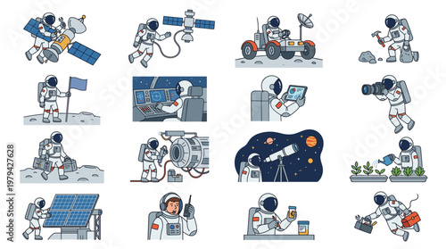 Flat design astronaut activity set with colorful space mission scenes. Space explorer collection includes spacewalk, lunar rover, satellite, telescope, solar panel and lab work.
