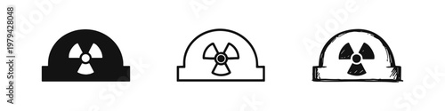 Protective Safety Helmet Icon Set with Radioactive Symbol in Solid Outline and Hand Drawn Styles