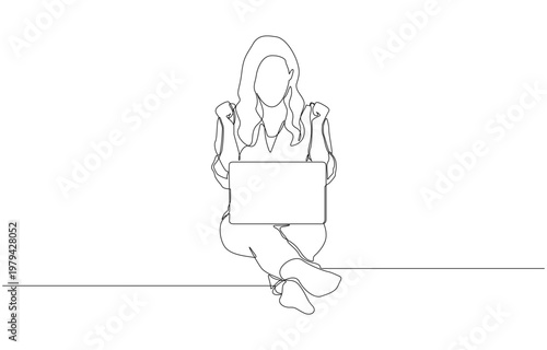 Continuous one line of young woman celebrating success while sitting with laptop, digital triumph concept, single line art