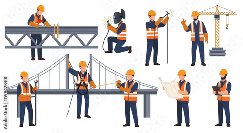 Construction Workers Vector Illustration Set Featuring Engineers Builders and Technicians Working on Infrastructure Projects Bridge Building and Site Safety