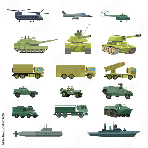 Military transport and army vehicles isolated vector illustration 17 pieces icon set.