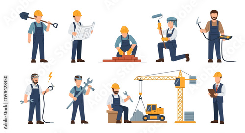 Construction Worker Characters Set with Tools and Equipment Including Architect with Blueprint Mason Builder Painter Electrician and Heavy Industrial Machinery
