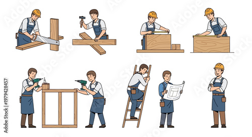 Carpenter Character Set Featuring Construction Workers Sawing Timber, Hammering Nails, Measuring Wood, Using Power Drills, and Reading Blueprints for DIY Work.